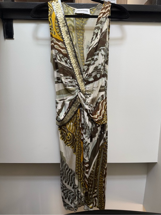 Emilio Pucci Dresses & Skirts - Emilio Pucci Brown & Olive Twist Beaded Wrap Midi Dress size S (can fit XS-M)